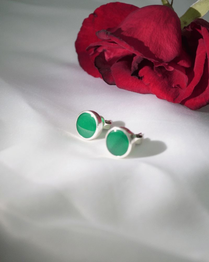Ladies Green Onyx 925 Silver Round Earrings (LS-S-ONX-LER-012)